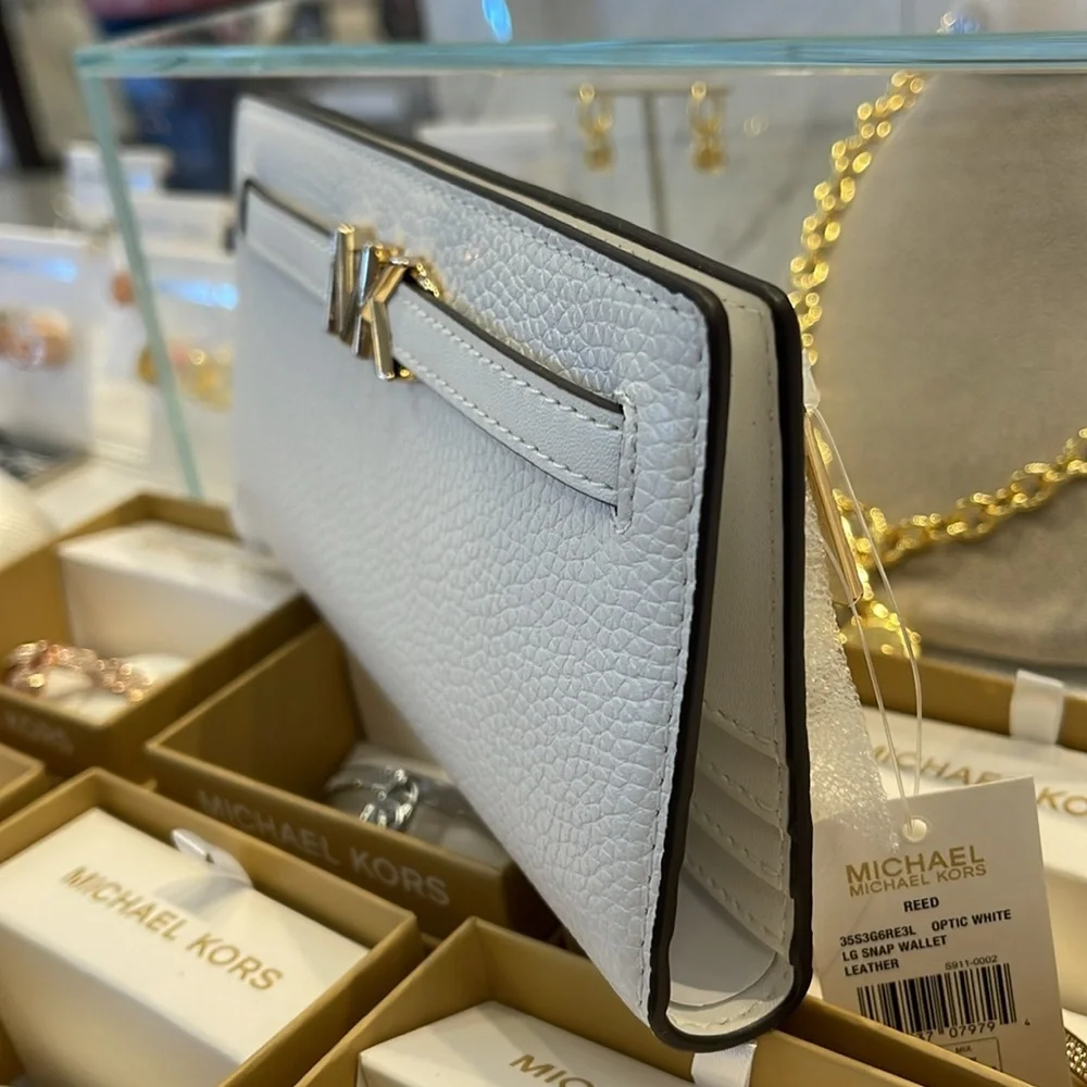 Michael Kors Reed Lg Bifold Pebbled Leather Snap Wallet Card Case Optic White